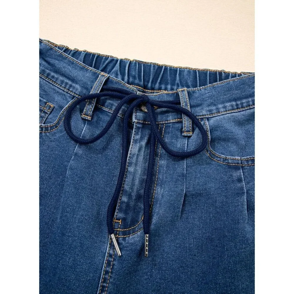 Women's Wide Leg High Waist Drawstring Jeans Stretchy Baggy Casual Pant
